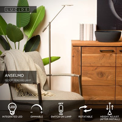 Lucide ANSELMO - Floor reading lamp - Ø 25 cm - LED Dim. - 1x9W 3000K - Satin Chrome